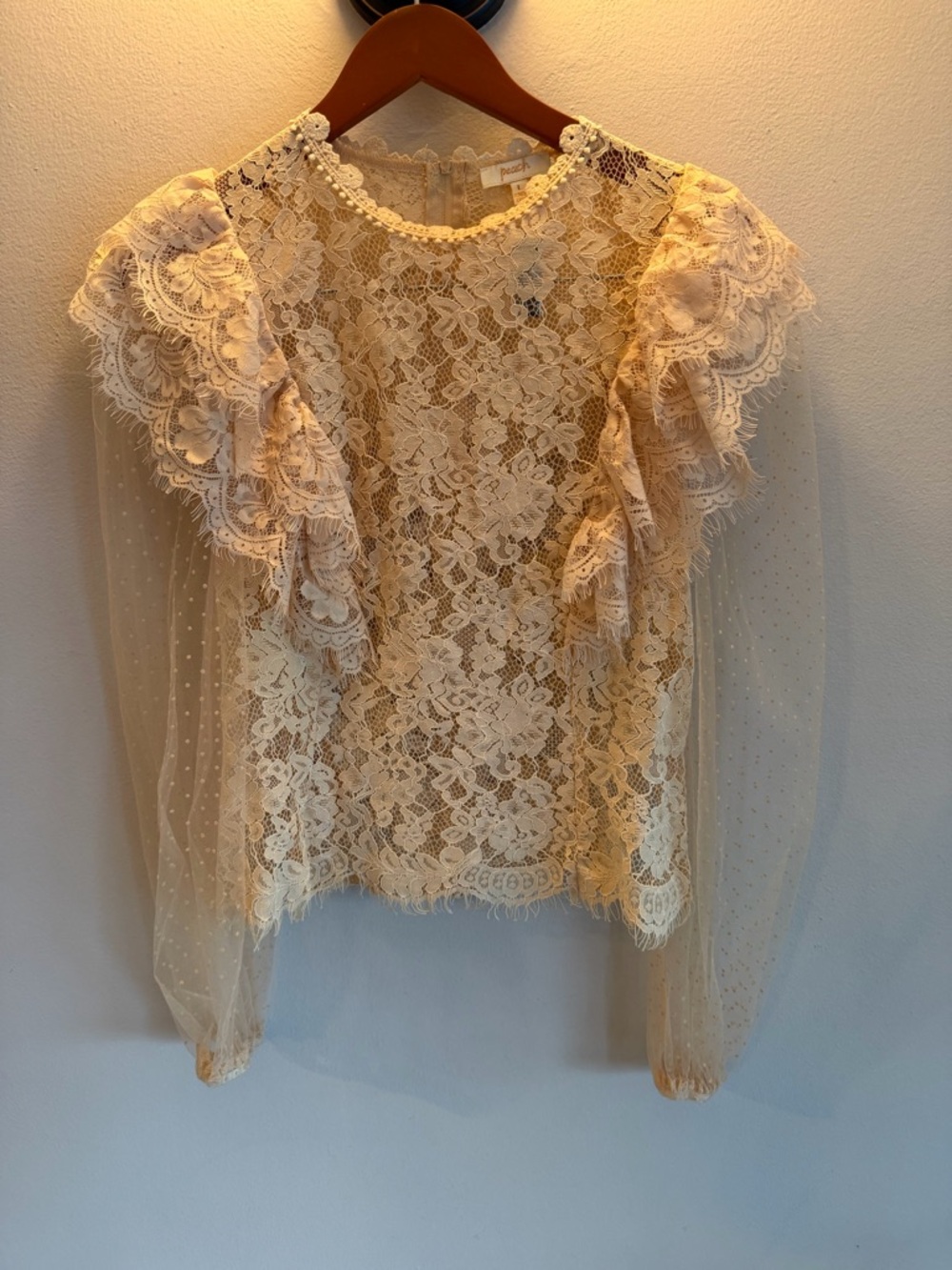 Peach Cream Floral Lace Ruffle Shoulder Swiss Dot Sheer Sleeve Blouse Large